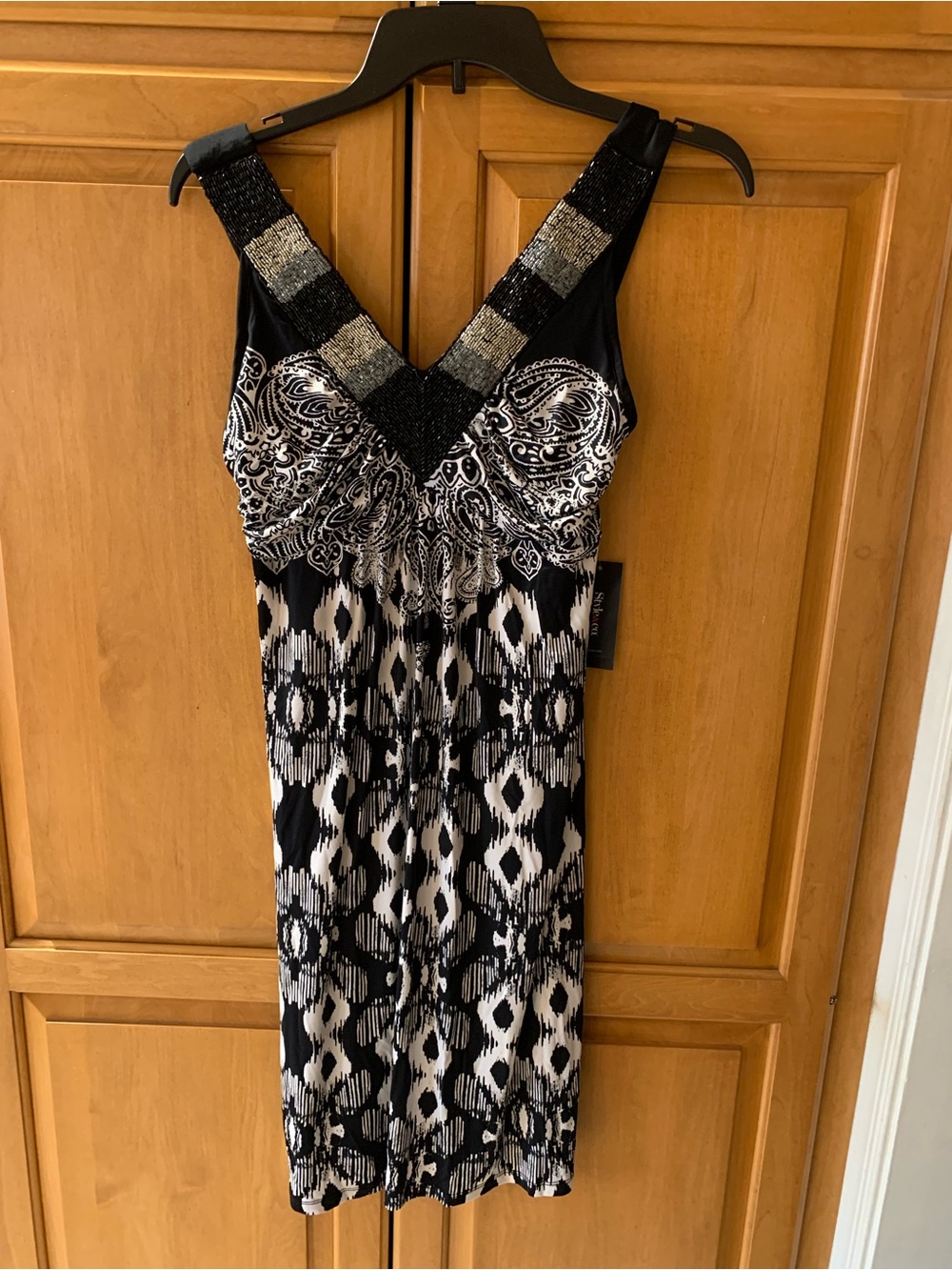 NWT Style & Co Black & White Embellished V-Neck Patterned Women’s Dress Small